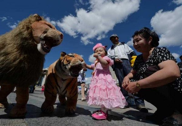 A Mongolian child plays with a toy lion and tiger on Sukhbaatar Square in Ulan Bator, Mongolia on June 2, 2013. The country is in the middle of a resources boom with the huge copper and gold Oyu Tolgoi soon to open and which will provide vast revenues for the government that can be spent on infrastructure and education if corruption can be kept in check. (Photo: AAP)