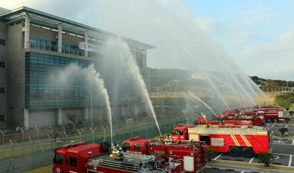 A fire drill is underway at the Weolseong Nuclear Power Complex in Gyeongju, North Gyeongsang Province, on 28 October 2014. (Photo: AAP)