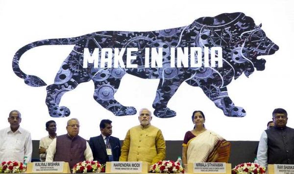 Indian Prime Minister Narendra Modi unveiling the logo of the 'Make in India' initiative in New Delhi, an event where he called on manufacturers across the globe to come and make India a manufacturing hub, 25 September 2014. (Photo: AAP)