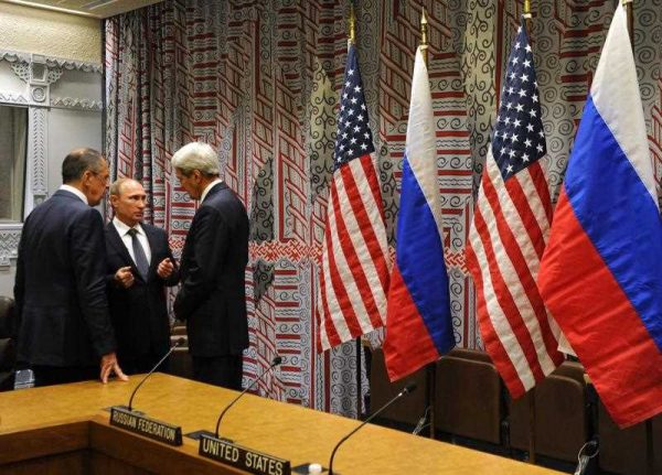 Russian President Valdimir Putin, Russian Foreign Minister Sergei Lavrov and US Secretary of State John Kerry talk to each other after negotiations of Russian and US leaders at the United Nations headquarters in New York City, USA, 28 September 2015. Russia is changing the security landscape and US defence planners are adapting. (Photo: AAP)