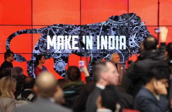 The words 'Make in India' are seen on a video wall as part of the campaign 'Make in India' which promotes the exhibition's partner country India at the Hannover Messe industrial trade fair in Hanover, Germany, 13 April 2015. (Photo: AAP)