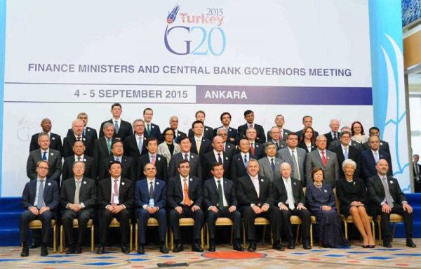 Finance ministers and central bank governors from the G20 economies gather for a photo session on the final day of their two-day meeting in Ankara, Turkey, on 5 September 2015. (Photo: AAP)