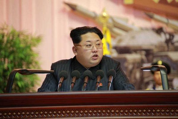 North Korean leader Kim Jong-un speaks at the 4th Conference of Korean People's Army Artillery Personnel in April 2015. (Photo: AAP via KCNA.)