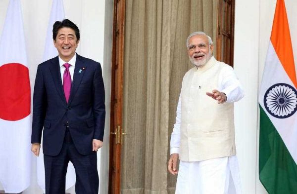 Indian Prime Minsiter Narendra Modi and his Japanese counterpart Shinzo Abe prior to their meeting in New Delhi, India. (Photo: AAP)