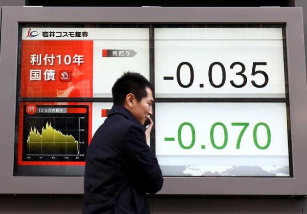 An electric screen shows the yield on the benchmark 10-year Japan government bond (JGB) falling below zero for first time in history in Chuo Ward, Tokyo on 9 February 2016. (Photo: AAP).