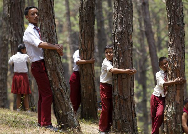 Nepalese pupils hug trees to celebrate World Environment Day at the forest of Gokarna near the capital Kathmandu. Natural capital like forests and fisheries and human capital in the form of skills and creative faculties are key elements of the productive base of an economy. (Photo: AAP).