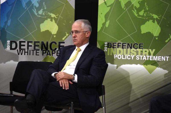 Prime Minister Malcolm Turnbull presents the Defence White Paper at the Australian Defence Force Academy in Canberra on 25 February 2016. (Photo: AAP).