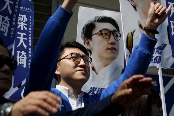 Edward Leung, a pro-independence candidate from the Hong Kong Indigenous, campaigning during a by-election on 28 February 2016. (Photo: Reuters/Bobby Yip)