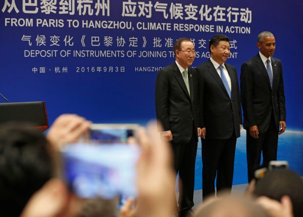 United Nations Secretary General Ban Ki Moon, China's President Xi Jinping and US President Barack Obama at a climate event in Hangzhou, China (Photo: Reuters\ Jonathan Ernst).