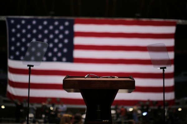 An empty podium is seen after a campaign rally by US Democratic presidential nominee Hillary Clinton in Cleveland, Ohio. (Photo: Reuters).
