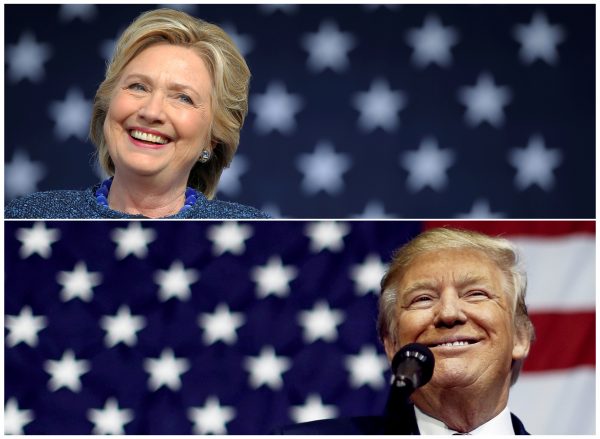 US presidential nominees Hillary Clinton (top) and Donald Trump speak at campaign rallies in Cedar Rapids, Iowa 28 October 2016 and Delaware, Ohio 20 October 2016 in a combination of file photos. (Photo: Reuters/Brian Snyder/Jonathan Ernst).