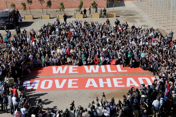 Greenpeace stage a protest outside the UN Climate Change Conference 2016 (COP22) in Marrakesh, Morocco, 18 November, 2016. (Photo: Reuters/Youssef Boudlal).