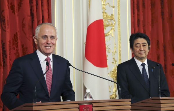 Australian Prime Minister Malcolm Turnbull and his Japanese counterpart Shinzo Abe during a joint news conference at the Akasaka Palace state guesthouse in Tokyo (Photo: Reuters/Koji Sasahara).