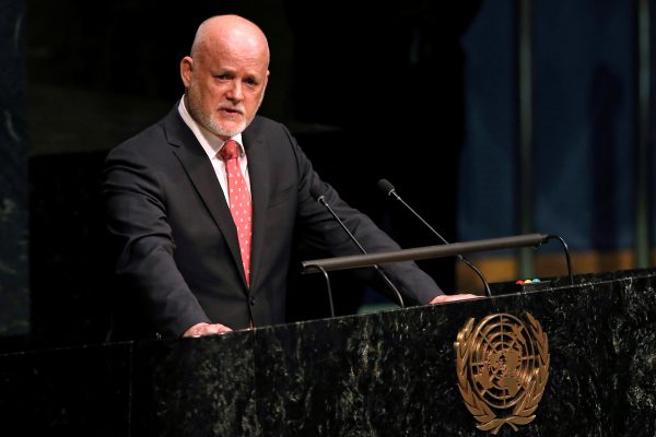 Peter Thomson, Permanent Representative of Fiji to the United Nations, addresses the UN General Assembly after being elected as General Assembly President for the 71st session at UN headquarters in Manhattan, New York, 13 June 2016 (Photo: Reuters/Mike Segar).