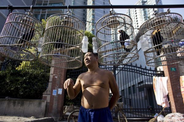 A man tries to make his birds speak in a street in Shanghai 21 October 2009. (Photo: Reuters/ Nir Elias).