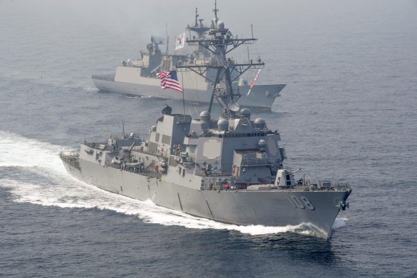 The US Navy Arleigh Burke-class guided-missile destroyer USS Wayne E. Meyer sails alongside South Korean multirole guided-missile destroyer Wang Geon during a bilateral exercise in the western Pacific Ocean 25 April 2017. (Photo: US Navy/Mass Communication Specialist 3rd Class Kelsey L. Adams/Handout via Reuters)