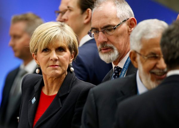 Australian Foreign Minister Julie Bishop arrives for the morning ministerial plenary for the Global Coalition working to Defeat ISIS at the State Department in Washington, US, 22 March 2017. (Photo: Reuters/Joshua Roberts).