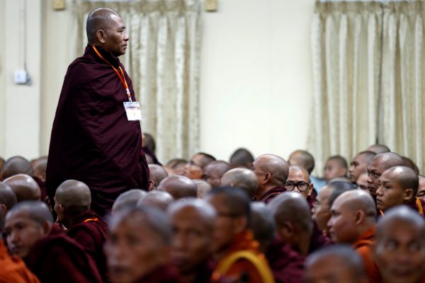 Buddhist ultranationalist monks from the radical Ma Ba Tha group attend a meeting to celebrate their anniversary with a nationwide conference in Yangon, Myanmar 27 May 2017 (Photo: Reuters/Soe Zeya Tun).