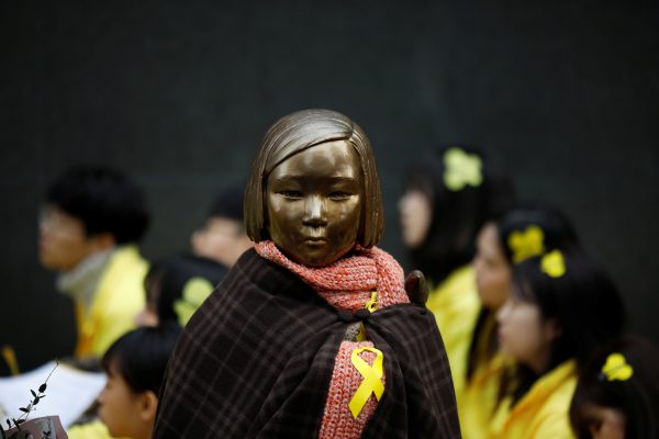 A statue symbolising former South Korean 'comfort women' is seen during an anti-Japan rally on the day of the 98th anniversary of the Independence Movement Day in Seoul, South Korea, 1 March, 2017 (Photo: Reuters/Kim Hong-Ji).