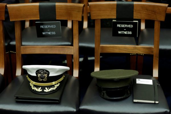 Military caps are seen before a House Armed Services Committee hearing on ‘Military Assessment of the Security Challenges in the Indo-Asia-Pacific Region’ on Capitol Hill in Washington D.C., US, 26 April 2017. (Photo: Reuters/Yuri Gripas).