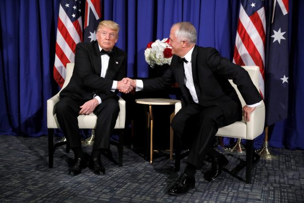 US President Donald Trump meets with Australia's Prime Minister Malcolm Turnbull aboard the USS Intrepid Sea, Air and Space Museum in New York. (Photo: Reuters/Jonathan Ernst)