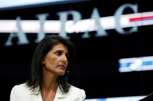 US Ambassador to the United Nations NIkki Haley speaks to the American Israel Public Affairs Committee (AIPAC) policy conference in Washington, 27 March 27, 2017 (Photo: Reuters/Joshua Roberts).