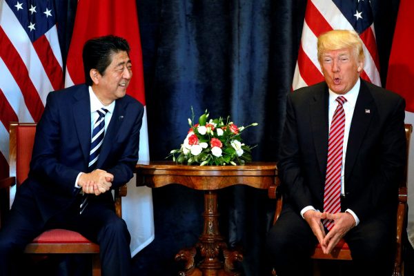 US President Trump beside Japanese Prime Minister Abe during a bilateral meeting at the G7 summit in Taormina, Sicily, Italy, 26 May, 2017 (Photo: Reuters/Jonathan Ernst).