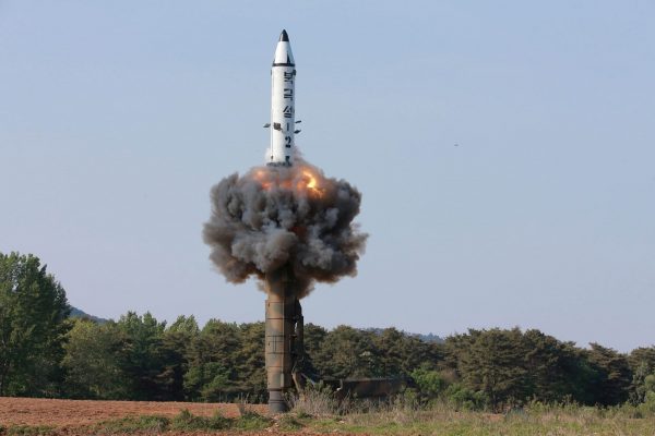 The scene of the intermediate-range ballistic missile Pukguksong-2's launch test in photo released by North Korea’s Korean Central News Agency on 22 May 2017. (Photo: KCNA/via Reuters).