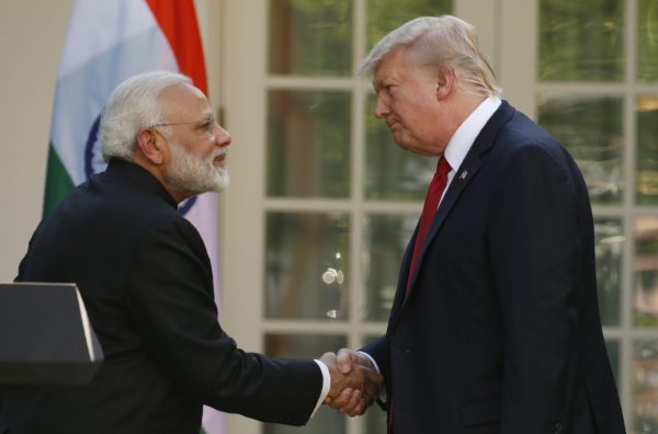 US President Donald Trump (R) greets Indian Prime Minister Narendra Modi during their joint news conference in the Rose Garden of the White House in Washington, US, 26 June 2017. (Photo: Reuters/Kevin Lamarque).