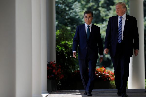 US President Donald Trump arrives for a joint news conference with South Korean President Moon Jae-in in the Rose Garden of the White House in Washington, US, 30 June 2017 (Photo: Reuters/Carlos Barria).