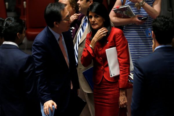US Ambassador to the United Nations Nikki Haley and South Korean Ambassador to the UN Cho Tae-yul speak after a UN Security Council meeting to discuss the recent ballistic missile launch by North Korea at UN headquarters in New York, United States, 5 July 2017 (Photo: Reuters/Mike Segar).