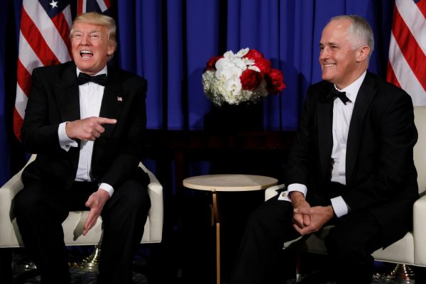 US President Donald Trump (L) and Australia's Prime Minister Malcolm Turnbull (R) deliver brief remarks to reporters as they meet ahead of an event commemorating the 75th anniversary of the Battle of the Coral Sea, aboard the USS Intrepid Sea, Air and Space Museum in New York, the United States, 4 May 2017. (Photo: Reuters/Jonathan Ernst).