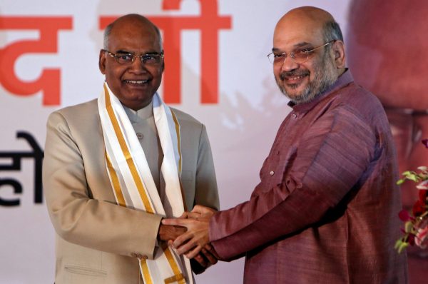 India's President-elect Ram Nath Kovind is greeted by Amit Shah, President of India's ruling Bharatiya Janata Party (BJP), at a ceremony after his victory, in New Delhi, India, July 20, 2017. (Photo: Reuters/Adnan Abidi).