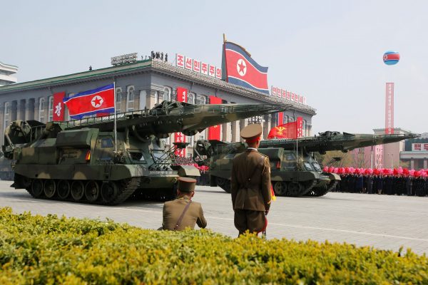 Missiles are driven past the stand with North Korean leader Kim Jong Un and other high ranking officials during a military parade marking the 105th birth anniversary of North Korea's founding father, Kim Il Sung, in Pyongyang, 15 April 2017. (Photo: Reuters/Sue-Lin Wong).