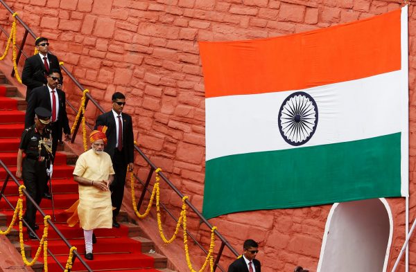 Indian Prime Minister Narendra Modi leaves after addressing the nation from the historic Red Fort during Independence Day celebrations in Delhi, India, 15 August 2017. (Photo: Reuters/Adnan Abidi).