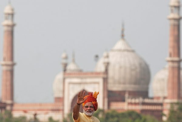 Indian Prime Minister Narendra Modi waves towards the media after addressing the nation from the historic Red Fort during Independence Day celebrations in Delhi, India, 15 August 2017 (Photo: Reuters/Adnan Abidi).
