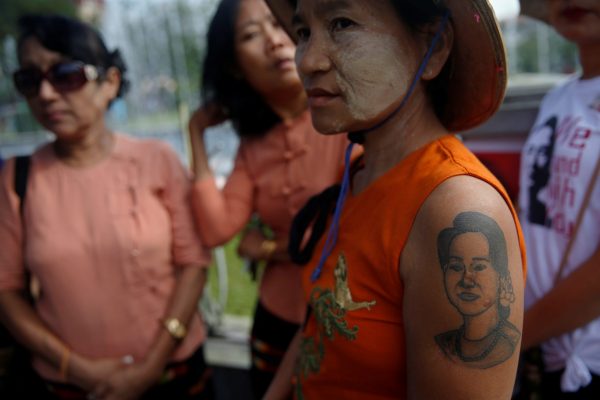 A woman with an Aung San Suu Kyi tattoo attends a rally in support of her in Yangon, Myanmar, 24 September, 2017 (Photo: Reuters/Soe Zeya Tun).