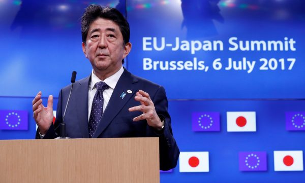 Japan's Prime Minister Shinzo Abe attends a EU-Japan summit in Brussels, Belgium, 6 July 2017. (Photo: Reuters/Yves Herman).