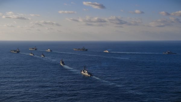 The USS Ronald Reagan, USS Theodore Roosevelt and USS Nimitz strike groups transit the western Pacific with ships from the Japanese Maritime Self-Defense Force during operations in international waters as part of a three-carrier strike force exercise, 12 November 2017 (Photo: Mass Communications Specialist Anthony Rivera/US Navy).