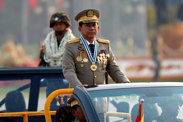General Min Aung Hlaing, commander-in-chief of Myanmar's military, in the parade in Naypyitaw to mark the 72nd Armed Forces Day on 27 March 2017. Myanmar has moved in a more democratic direction since 2011, but the 'ideological potency of ethnic and religious nationalism' explains why minorities are still brutalised (Photo: Reuters/Soe Zeya Tun).
