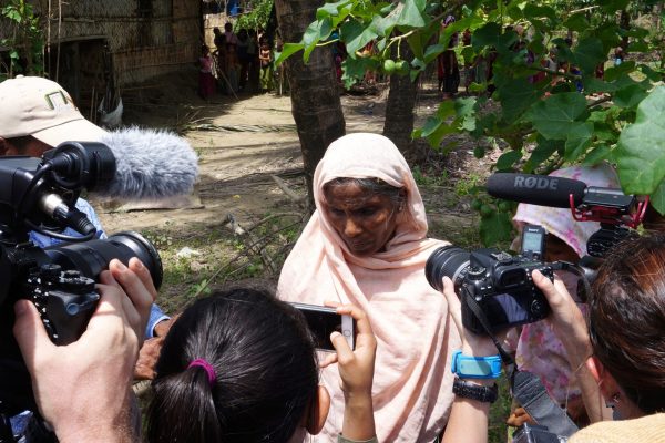 A Rohingya woman speak to media in Maung Na Ma village, northern Rakhine, Myanmar, 13 July 2017. (Photo: Reuters/Simon Lewis).