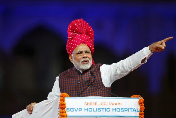 India's Prime Minister Narendra Modi gestures as he addresses his supporters during an election campaign meeting ahead of Gujarat state assembly elections, in Ahmedabad, India, 3 December 2017 (Photo: Reuters/Amit Dave).