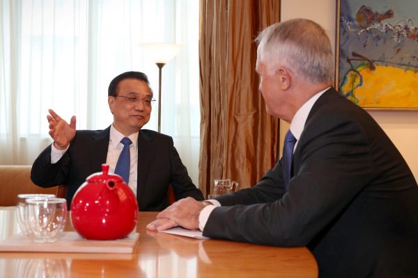 A soundly based relationship: Chinese Premier Li Keqiang and Australian Prime Minister Malcolm Turnbull talk in Canberra in March 2017. (Photo: Reuters/Andrew Meares)