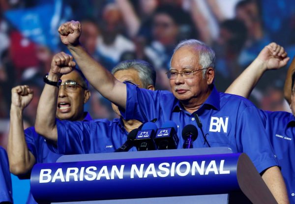 Malaysian Prime Minister and Barisan Nasional President Najib Razak gestures as he speaks during the launch of the Barisan Nasional’s manifesto for the upcoming general elections, Kuala Lumpur, Malaysia, 7 April 2018 (Photo: Reuters/Lai Seng Sin).