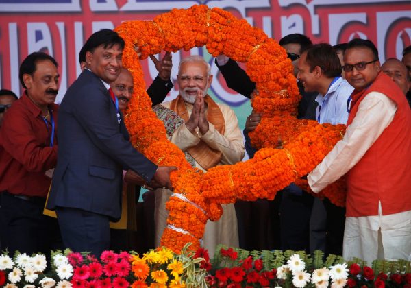 India's Prime Minister Narendra Modi is offered a 121 Kg garland during the civic felicitation in Janakpur, Nepal, 11 May 2018 (Photo: Reuters/Navesh Chitrakar).