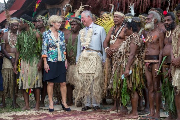 Britain's Prince Charles poses for a photograph with Chiefs and the Australian Minster for Foreign Affairs, Julie Bishop, during a visit to the Chief's nakamal, as he visits the South Pacific island of Vanuatu, 7 April 2018 (Photo: Reuters/Steve Parsons).