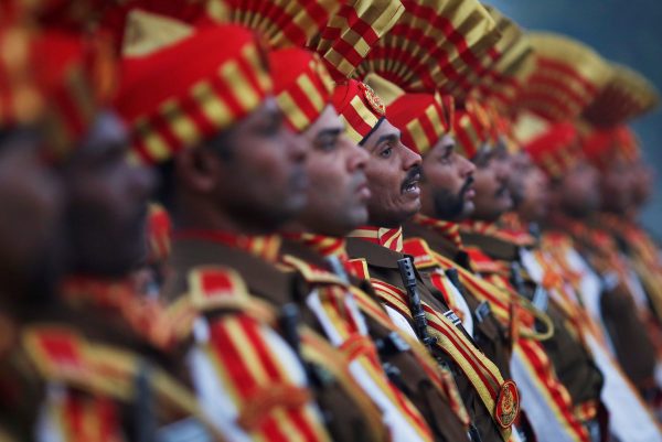 Indian soldiers take part in the rehearsal for the Republic Day parade on a winter morning in New Delhi, India, 8 January 2018 (Photo: Reuters/Adnan Abidi).
