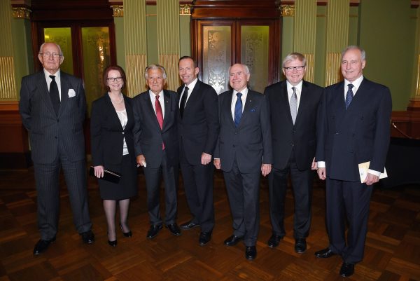 Former Australian prime ministers Malcolm Fraser, Julia Gillard, Bob Hawke, John Howard, Kevin Rudd and Paul Keating and then current prime minister Tony Abbott assemble for a photograph, Sydney Town Hall, 5 November 2014 (Photo: Reuters/Dan Himbrechts).