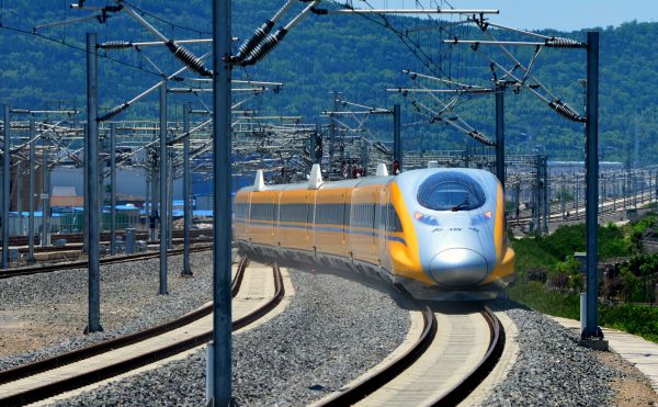 A high-speed bullet train linking Baoji and Lanzhou is pictured during a test run in Shaanxi province, China, 16 May 2017 (Photo: Reuters/Stringer).