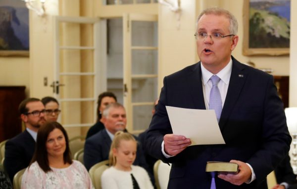 The new Australian Prime Minister Scott Morrison attends a swearing-in ceremony in Canberra, Australia, 24 August 2018 (Photo: Reuters/David Gray).
